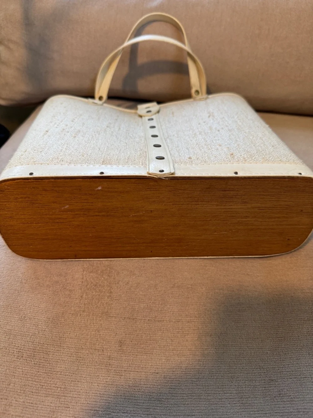 Vintage Cream Tote with Green Floral Appliqué and Jewel Accents - Picture 6 of 12